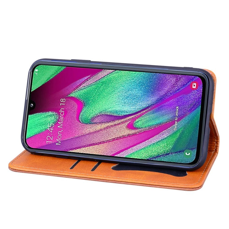 For Samsung Galaxy A40 Business Stitching Horizontal Flip Leather Case with Double Folding & Bracket & Card Slots & Photo Frame & Wallet