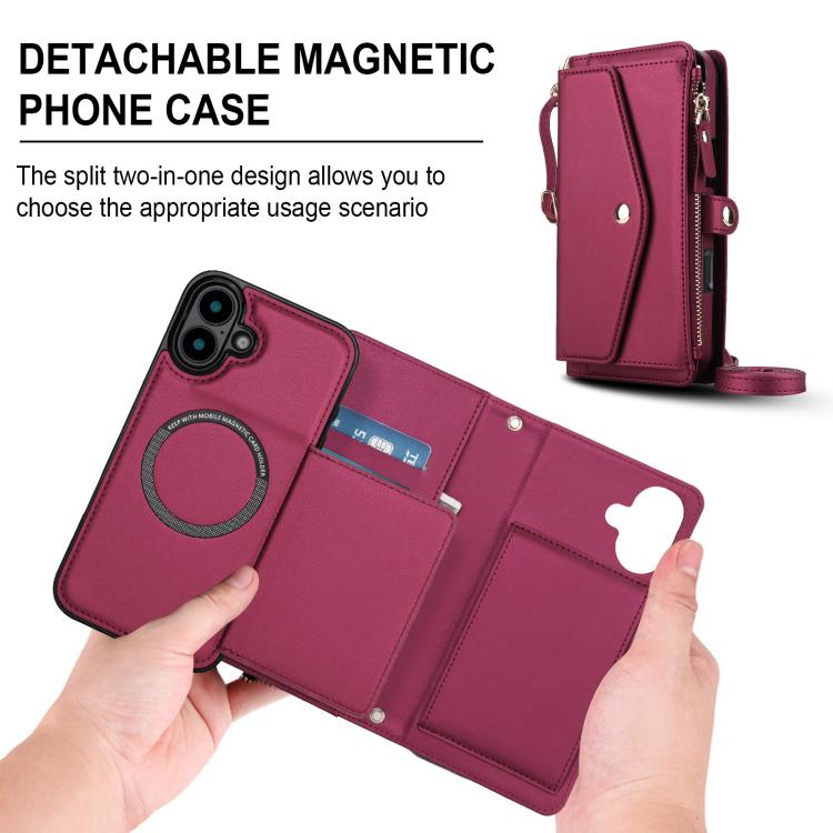 For iPhone 16 Multifunctional Wallet Detachable Leather Phone Case with Lanyard