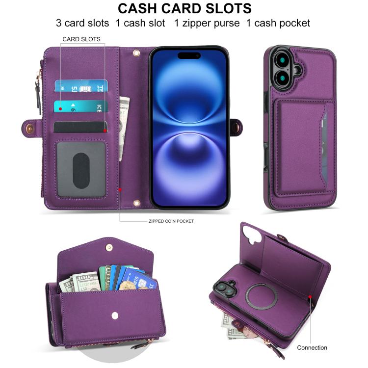 For iPhone 16 Multifunctional Wallet Detachable Leather Phone Case with Lanyard