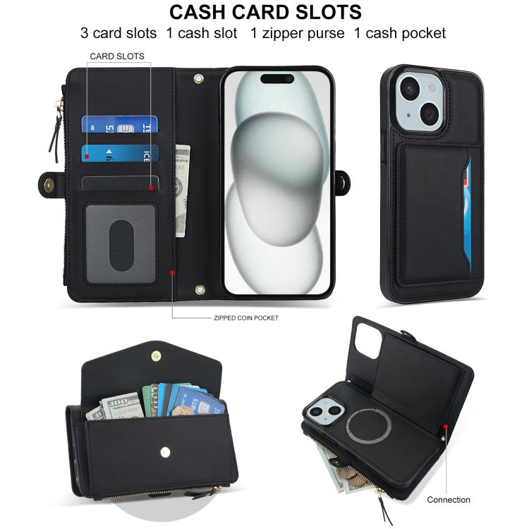 For iPhone 15 Multifunctional Wallet Detachable Leather Phone Case with Lanyard