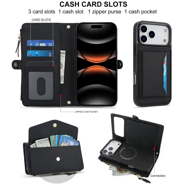 For iPhone 17 Pro Multifunctional Wallet Detachable Leather Phone Case with Lanyard