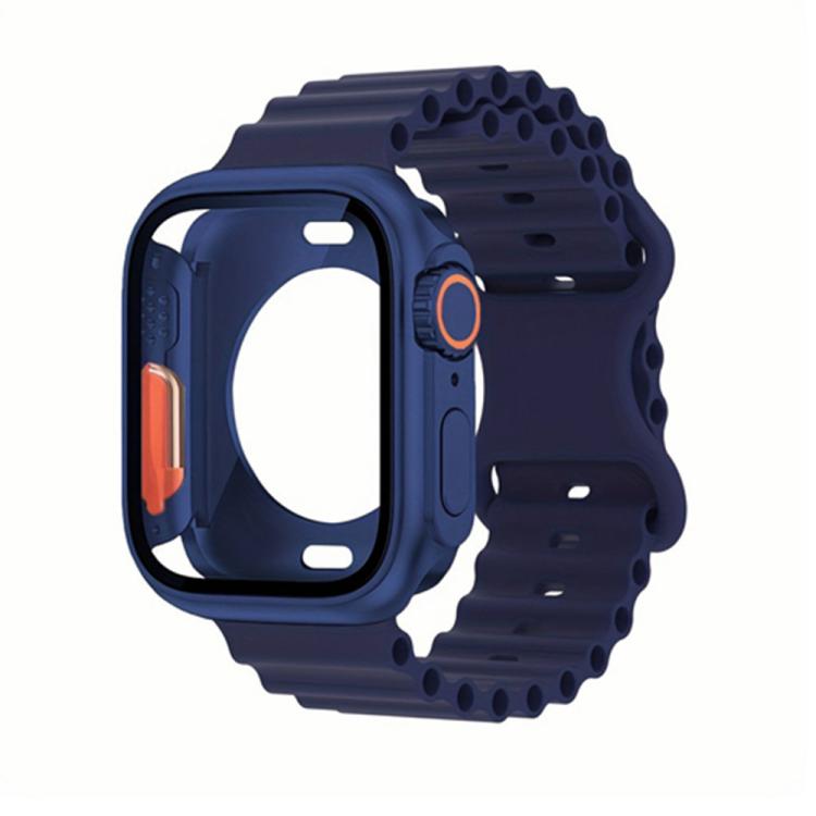 For Apple Watch Series 44mm Butterfly Buckle Ocean Silicone Watch Band with Film Integrated PC Case