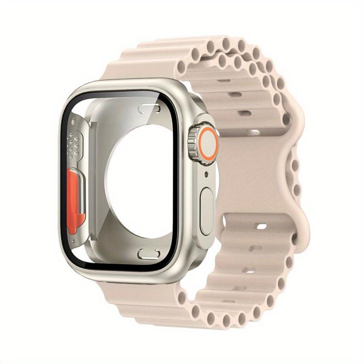 For Apple Watch Series 44mm Butterfly Buckle Ocean Silicone Watch Band with Film Integrated PC Case