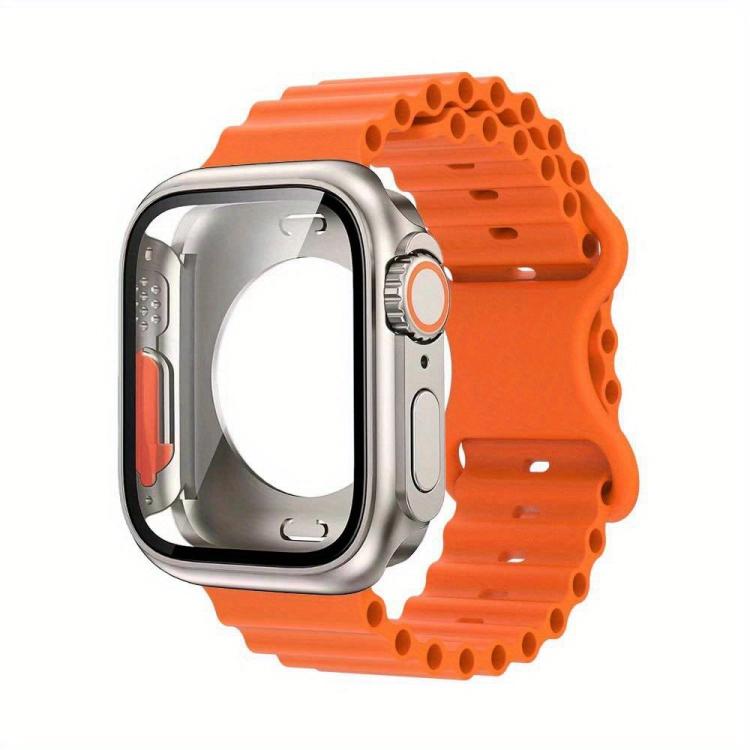 For Apple Watch Series 40mm Butterfly Buckle Ocean Silicone Watch Band with Film Integrated PC Case