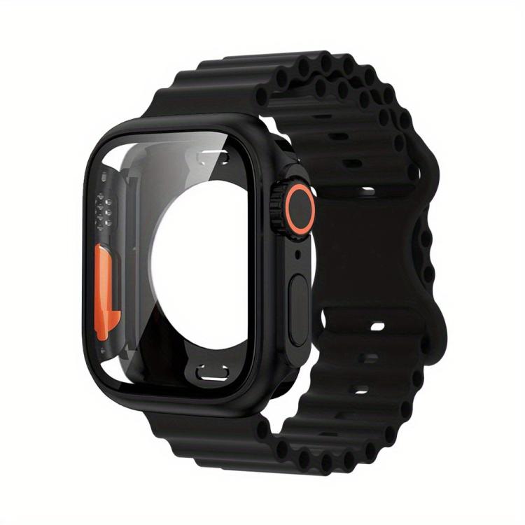 For Apple Watch Series 40mm Butterfly Buckle Ocean Silicone Watch Band with Film Integrated PC Case