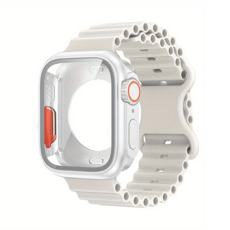For Apple Watch Series 41mm Butterfly Buckle Ocean Silicone Watch Band with Film Integrated PC Case