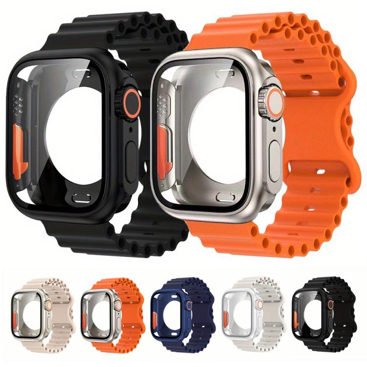 For Apple Watch Series 40mm Butterfly Buckle Ocean Silicone Watch Band with Film Integrated PC Case