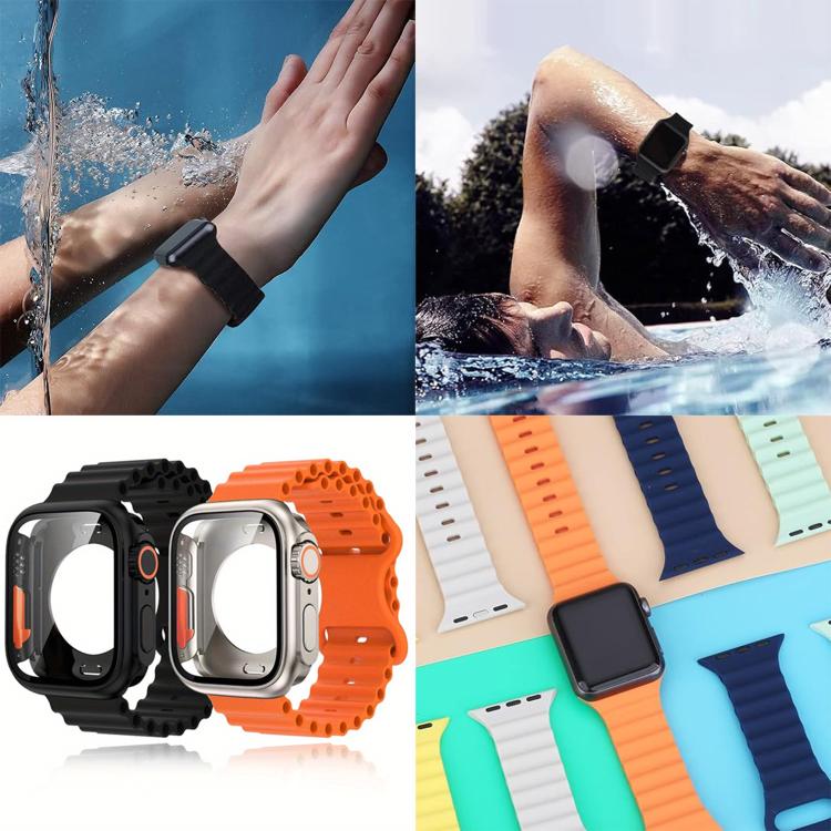 For Apple Watch Series 10 / 11 42mm Butterfly Buckle Ocean Silicone Watch Band with Film Integrated PC Case