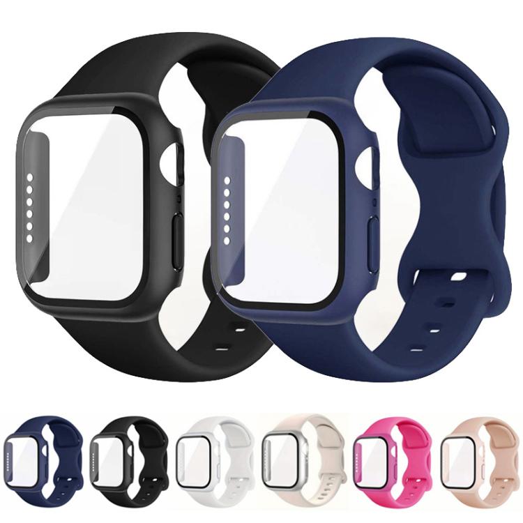 For Apple Watch Series 45mm Butterfly Buckle Silicone Watch Band with Film Integrated PC Cover