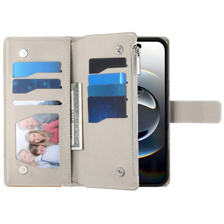 For iPhone 17e / 16e Stitching Multi-card Zipper Wallet Leather Phone Case with Short Strap
