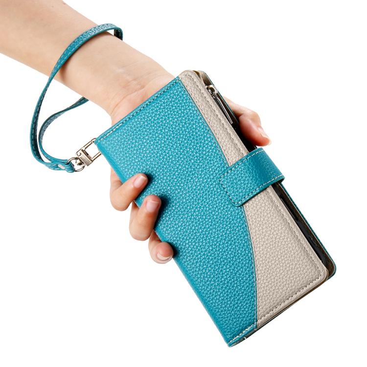 For iPhone 15 Pro Max Stitching Multi-card Zipper Wallet Leather Phone Case with Short Strap