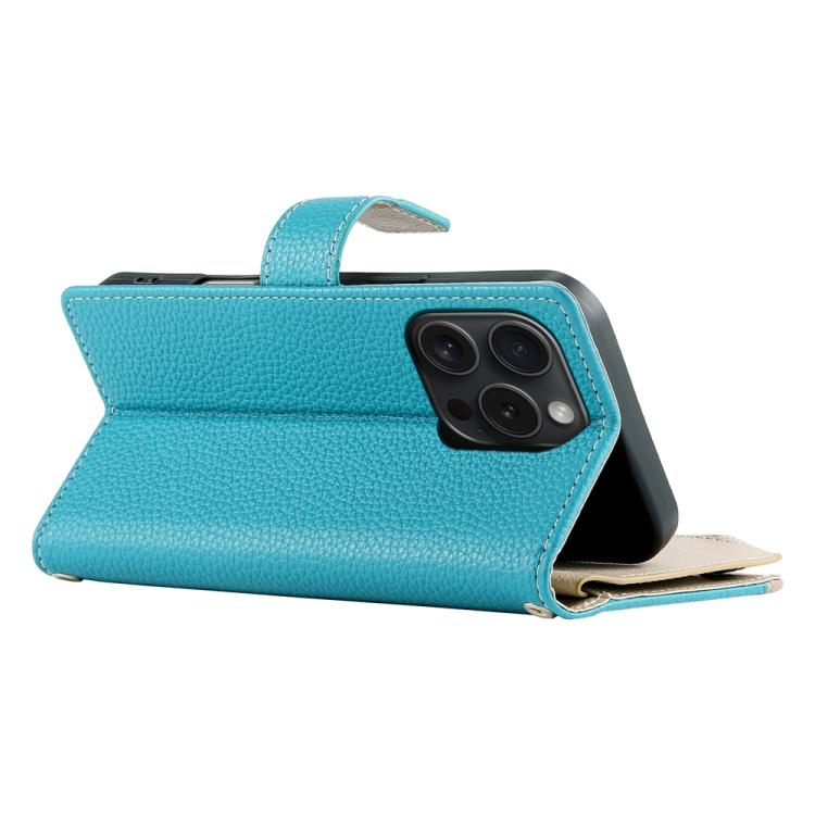 For iPhone 15 Pro Stitching Multi-card Zipper Wallet Leather Phone Case with Short Strap