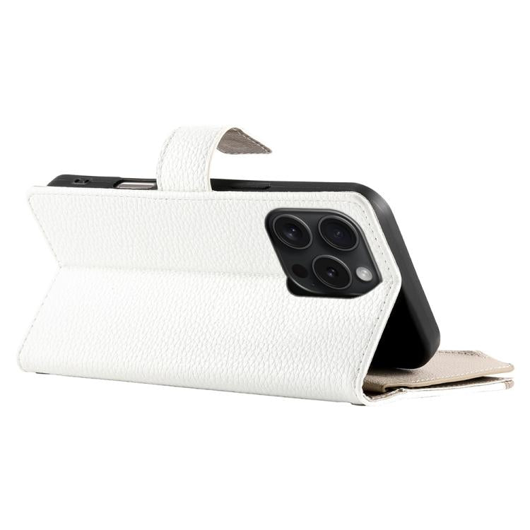 For iPhone 15 Pro Stitching Multi-card Zipper Wallet Leather Phone Case with Short Strap