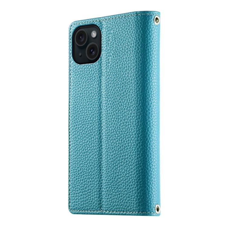 For iPhone 15 Plus Stitching Multi-card Zipper Wallet Leather Phone Case with Short Strap