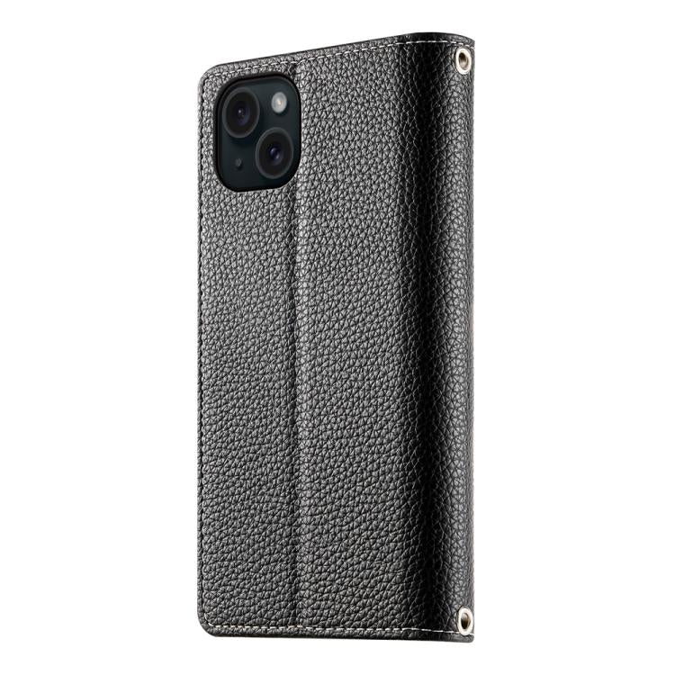 For iPhone 15 Plus Stitching Multi-card Zipper Wallet Leather Phone Case with Short Strap