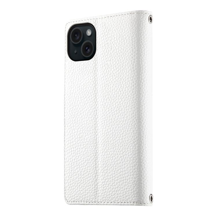For iPhone 15 Plus Stitching Multi-card Zipper Wallet Leather Phone Case with Short Strap
