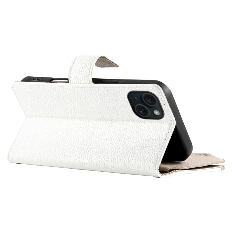 For iPhone 15 Plus Stitching Multi-card Zipper Wallet Leather Phone Case with Short Strap