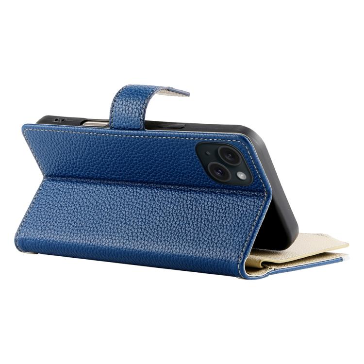 For iPhone 15 Plus Stitching Multi-card Zipper Wallet Leather Phone Case with Short Strap