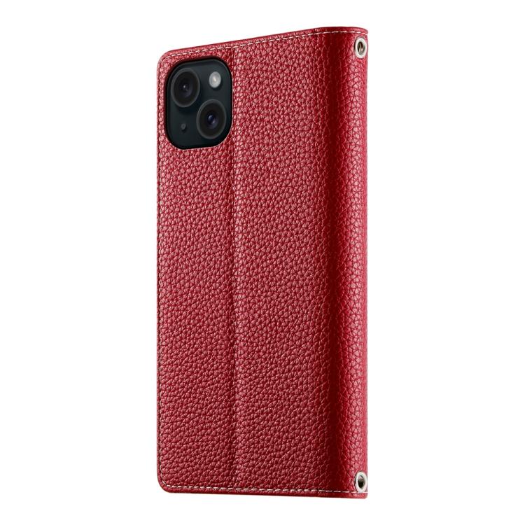 For iPhone 15 Plus Stitching Multi-card Zipper Wallet Leather Phone Case with Short Strap