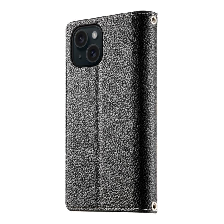 For iPhone 15 Stitching Multi-card Zipper Wallet Leather Phone Case with Short Strap