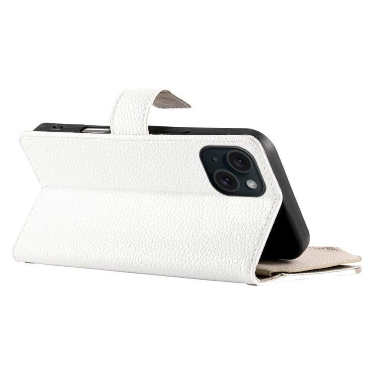 For iPhone 15 Stitching Multi-card Zipper Wallet Leather Phone Case with Short Strap