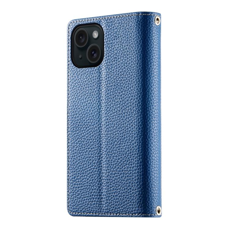 For iPhone 15 Stitching Multi-card Zipper Wallet Leather Phone Case with Short Strap