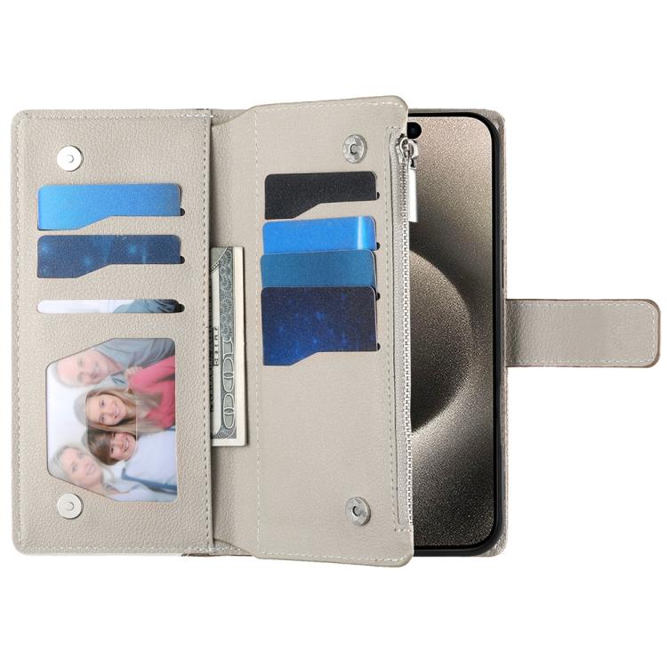 For iPhone 15 Stitching Multi-card Zipper Wallet Leather Phone Case with Short Strap