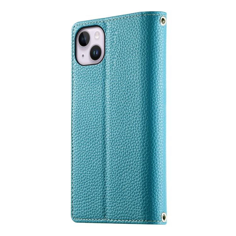 For iPhone 14 Plus Stitching Multi-card Zipper Wallet Leather Phone Case with Short Strap