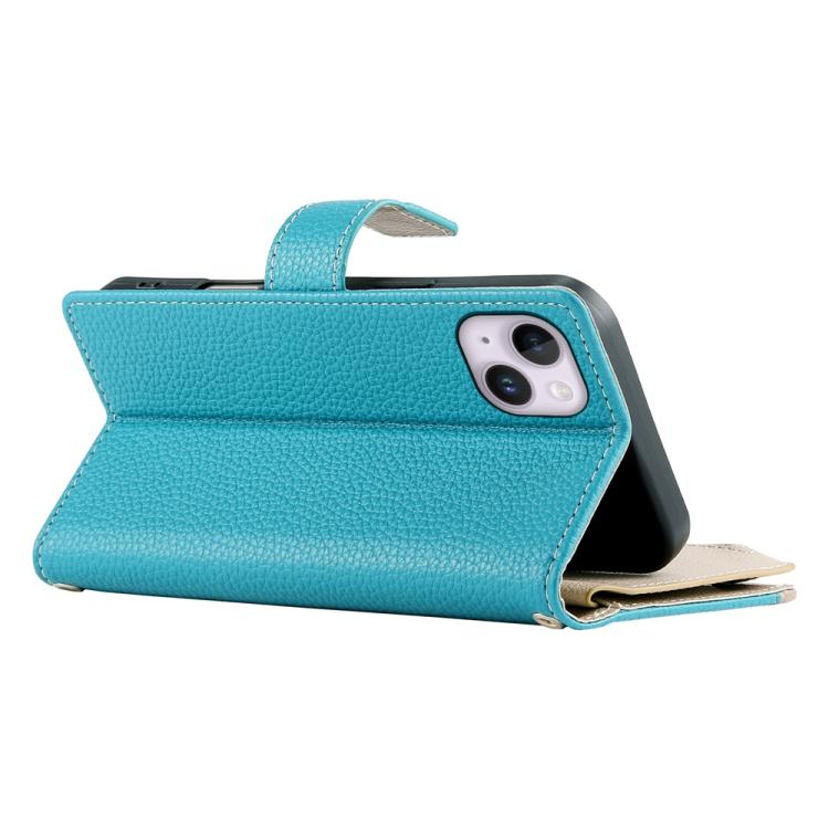 For iPhone 14 Plus Stitching Multi-card Zipper Wallet Leather Phone Case with Short Strap
