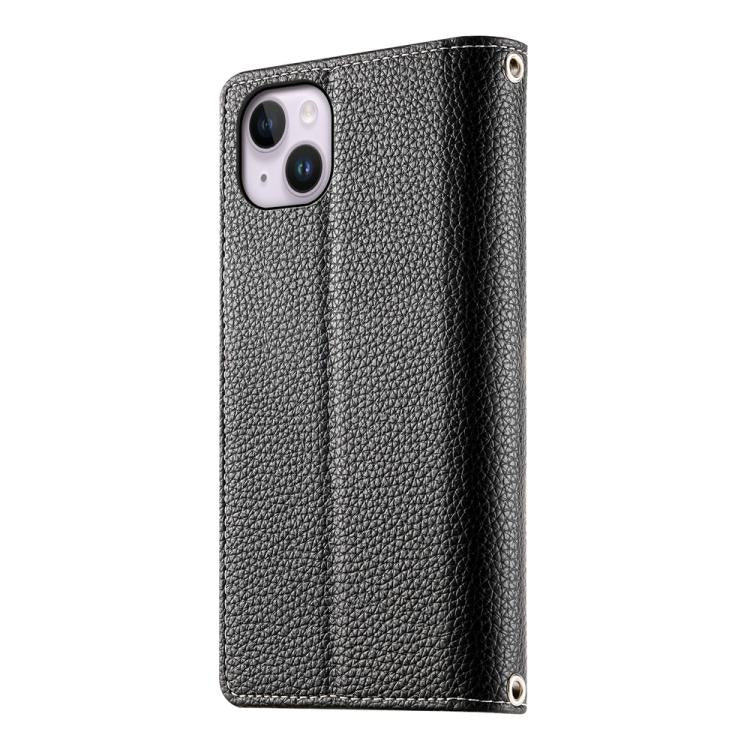 For iPhone 14 Plus Stitching Multi-card Zipper Wallet Leather Phone Case with Short Strap