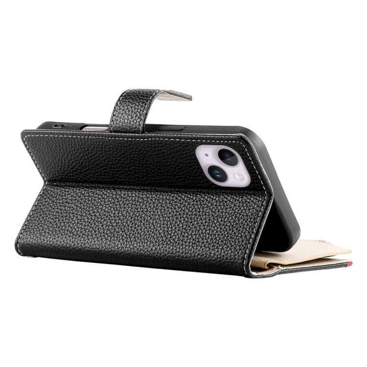 For iPhone 14 Plus Stitching Multi-card Zipper Wallet Leather Phone Case with Short Strap