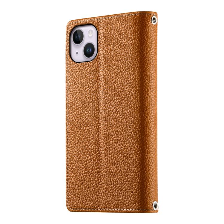 For iPhone 14 Plus Stitching Multi-card Zipper Wallet Leather Phone Case with Short Strap