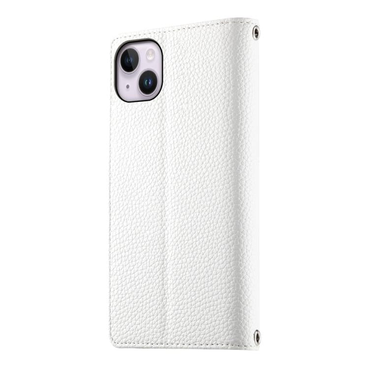 For iPhone 14 Plus Stitching Multi-card Zipper Wallet Leather Phone Case with Short Strap