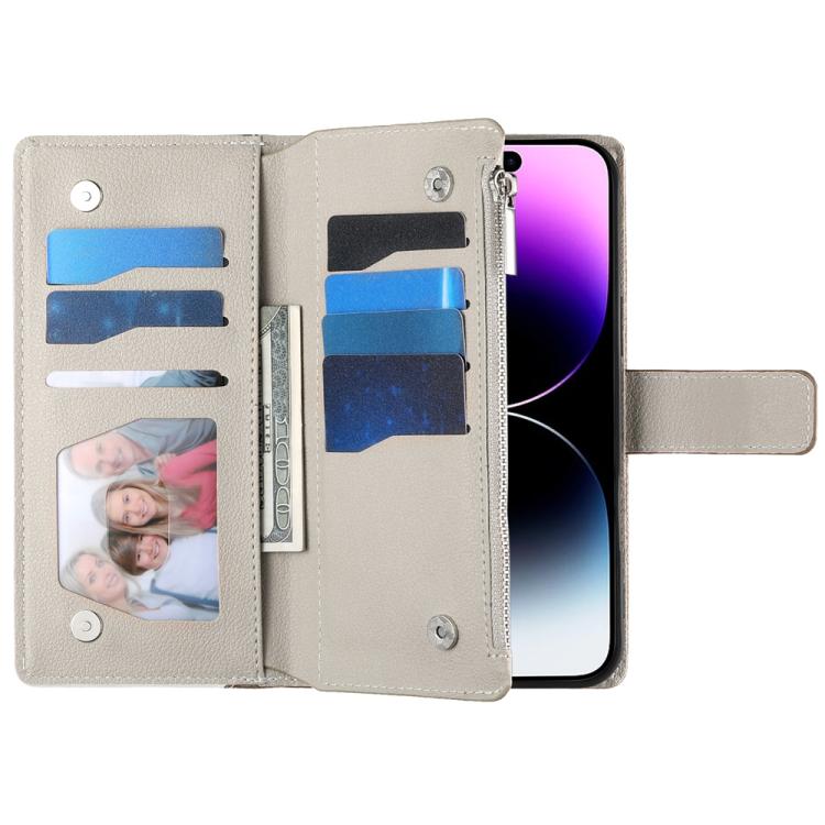 For iPhone 14 Plus Stitching Multi-card Zipper Wallet Leather Phone Case with Short Strap