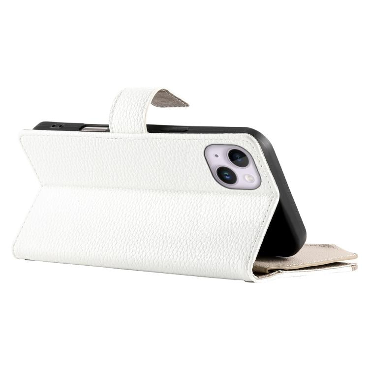 For iPhone 14 Plus Stitching Multi-card Zipper Wallet Leather Phone Case with Short Strap