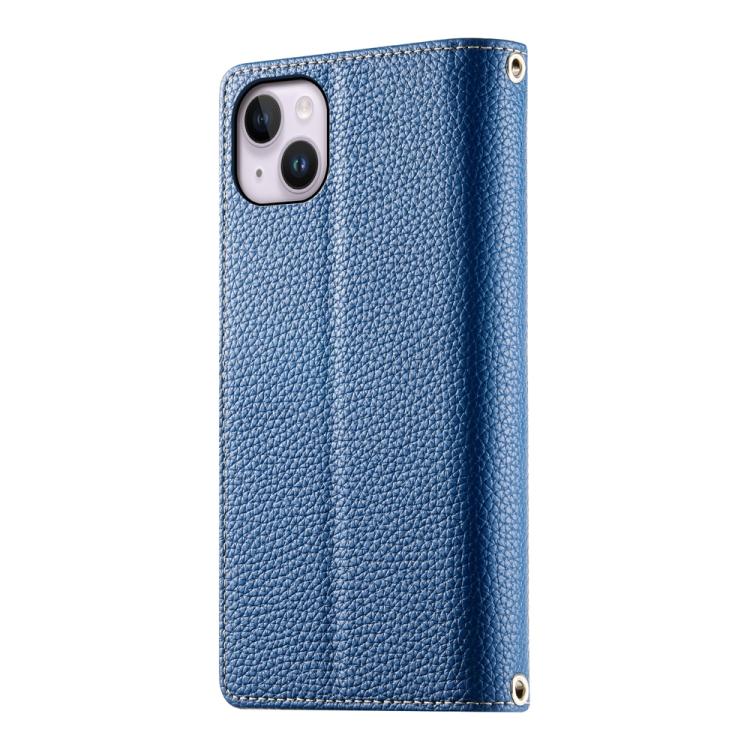 For iPhone 14 Plus Stitching Multi-card Zipper Wallet Leather Phone Case with Short Strap
