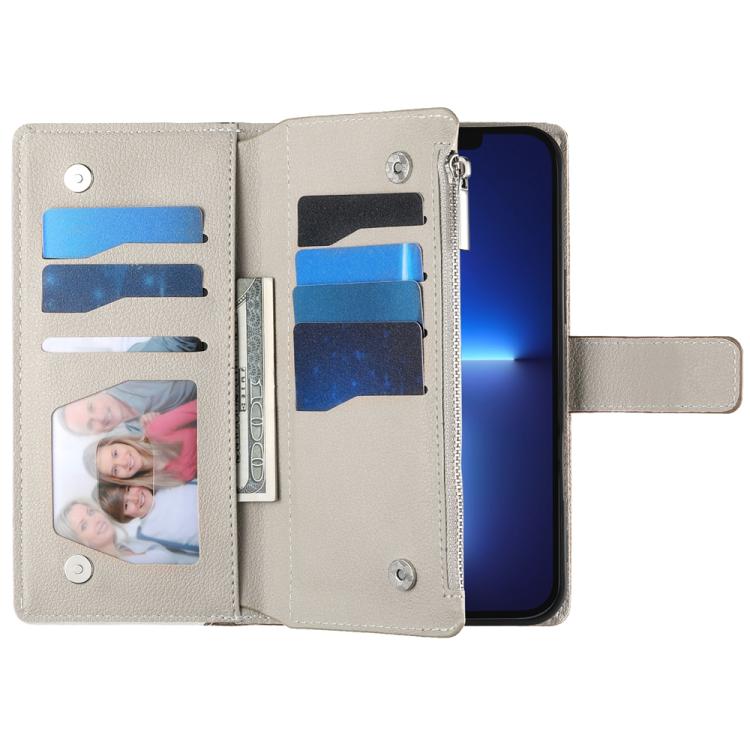 For iPhone 13 Pro Max Stitching Multi-card Zipper Wallet Leather Phone Case with Short Strap