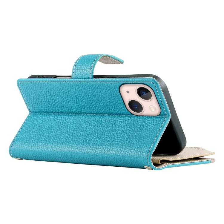For iPhone 13 mini Stitching Multi-card Zipper Wallet Leather Phone Case with Short Strap