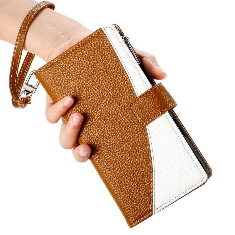 For iPhone 13 mini Stitching Multi-card Zipper Wallet Leather Phone Case with Short Strap
