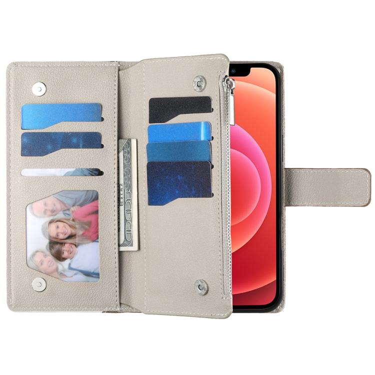For iPhone 12 mini Stitching Multi-card Zipper Wallet Leather Phone Case with Short Strap