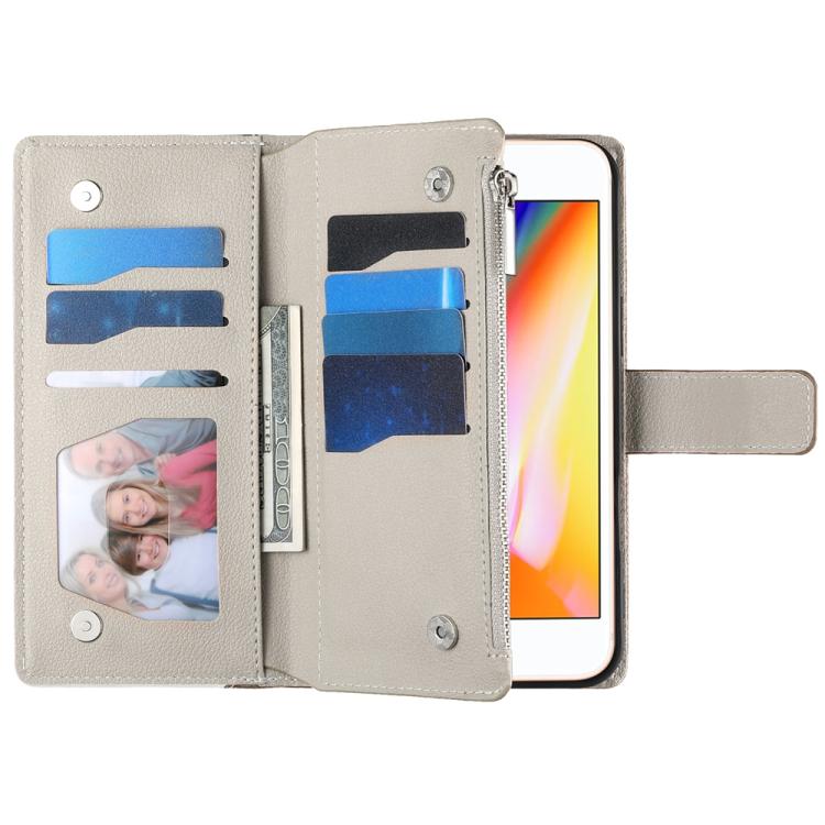 For iPhone 8 Plus / 7 Plus Stitching Multi-card Zipper Wallet Leather Phone Case with Short Strap