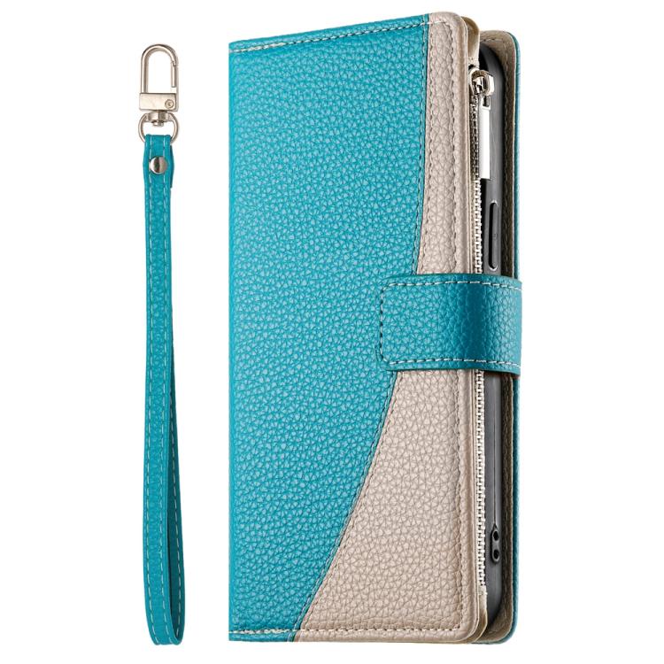 For iPhone XS Max Stitching Multi-card Zipper Wallet Leather Phone Case with Short Strap