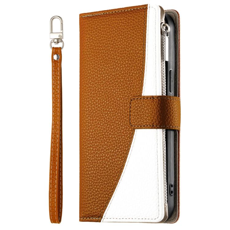 For iPhone X / XS Stitching Multi-card Zipper Wallet Leather Phone Case with Short Strap