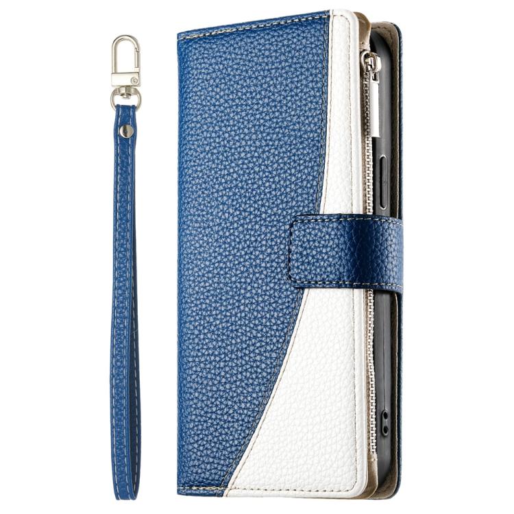 For iPhone XR Stitching Multi-card Zipper Wallet Leather Phone Case with Short Strap