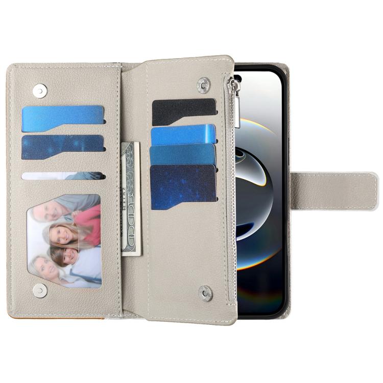 For iPhone 17 Pro Stitching Multi-card Zipper Wallet Leather Phone Case with Short Strap