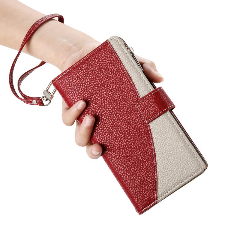 For iPhone 17 Pro Stitching Multi-card Zipper Wallet Leather Phone Case with Short Strap