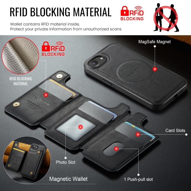 For iPhone 17e / 16e MAGKING K3 Series MagSafe RFID Card Bag Detachable Phone Case