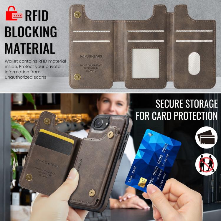 For iPhone 17e / 16e MAGKING K3 Series MagSafe RFID Card Bag Detachable Phone Case