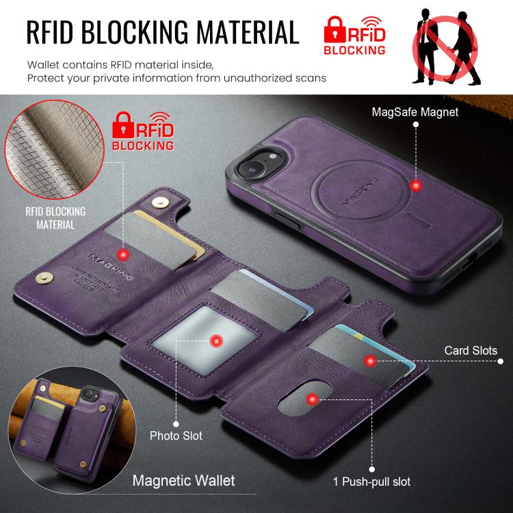 For iPhone 17e / 16e MAGKING K3 Series MagSafe RFID Card Bag Detachable Phone Case