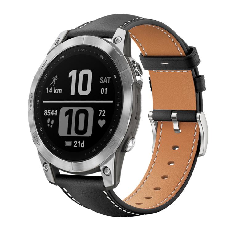 For Garmin Fenix 8/7/6/5 22mm 20mm xDfind Flat Head Black Shark Fine Grain Leather Watch Band